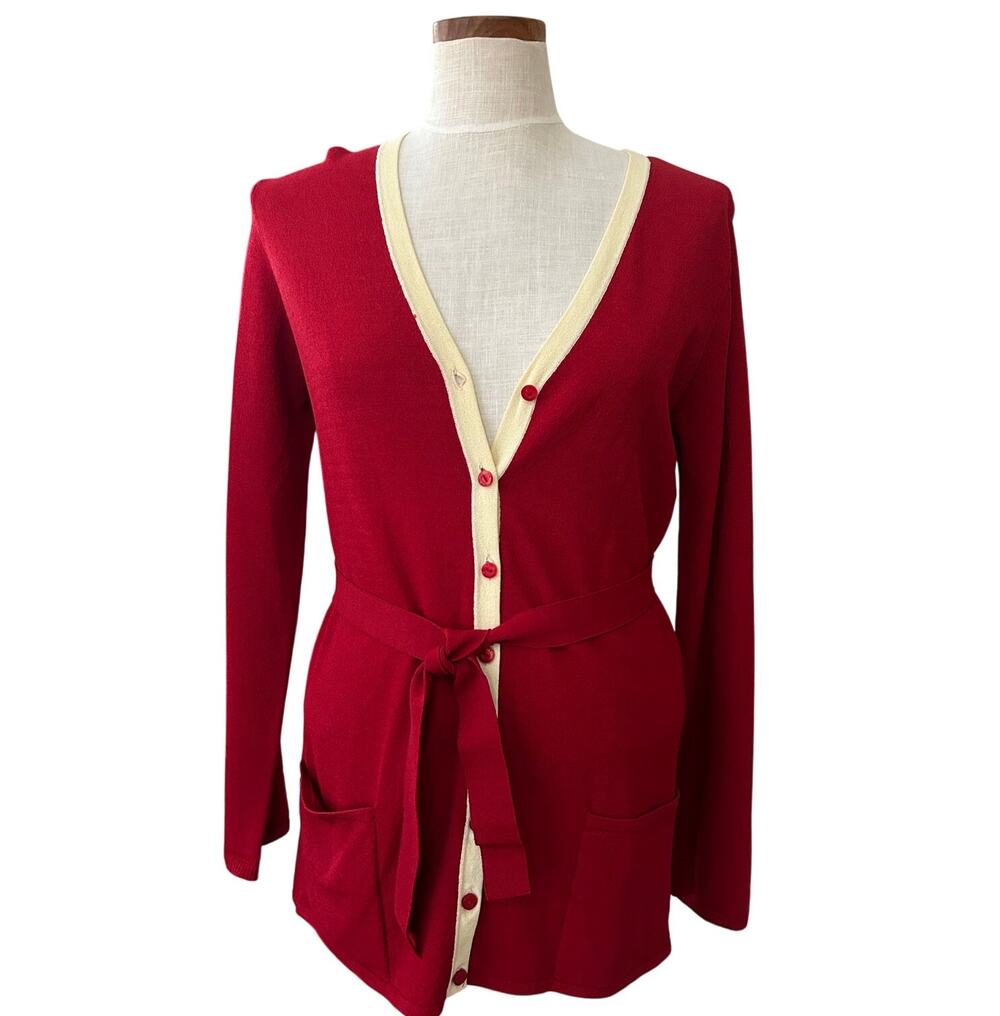 Vintage 80s Cream Trim Red Belted Cardigan SIZE M Sweater V Neck Fall Cozy Retro